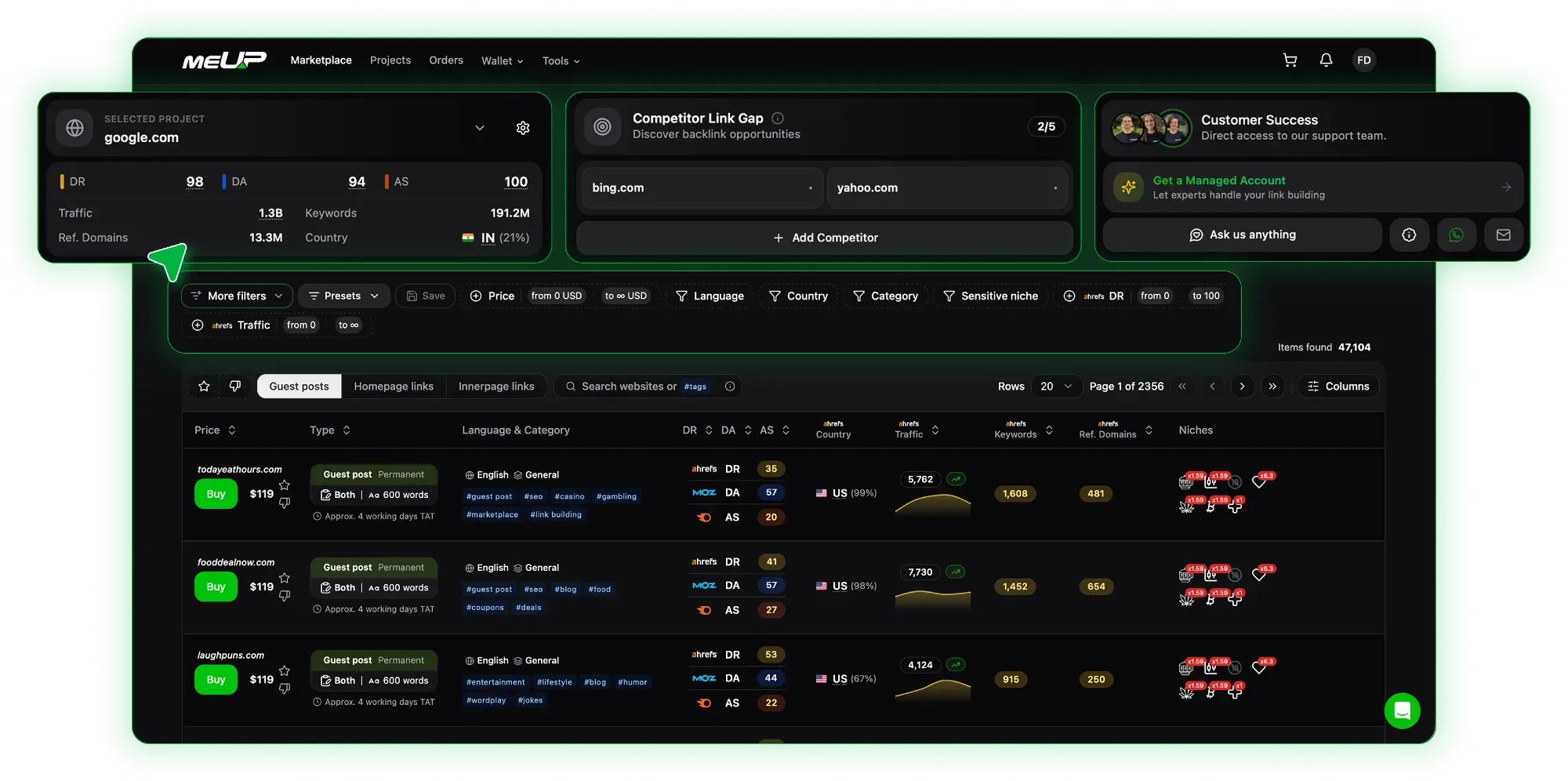 SEO marketplace dashboard displaying site metrics and link-building options.