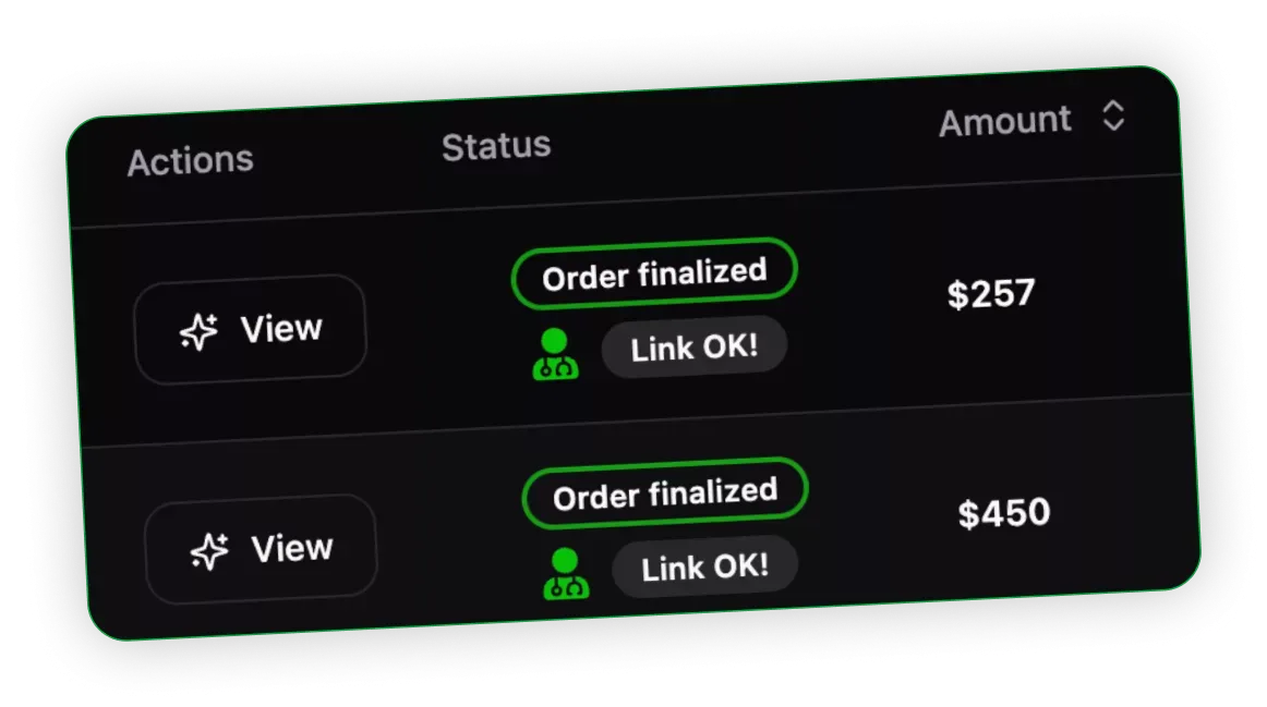 Order list with finalized orders and verified live links